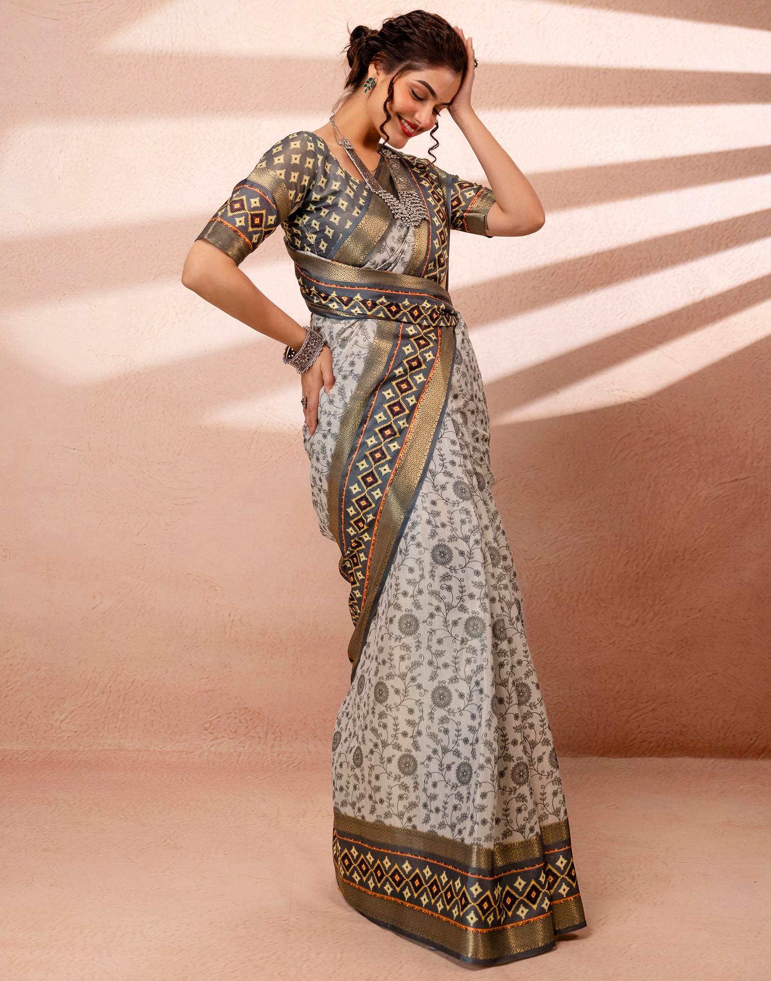 Off White Cotton Silk Printed Woven Border Saree