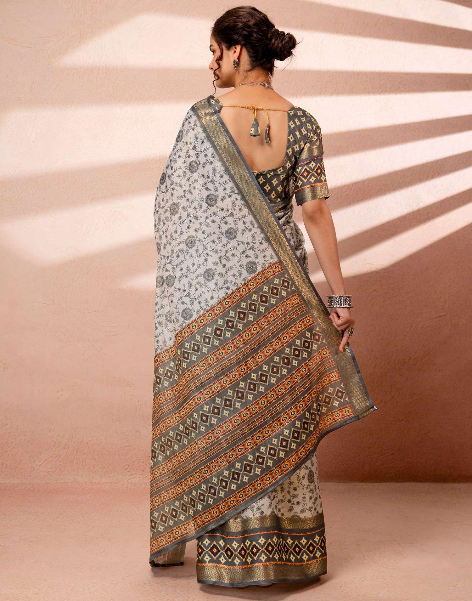 Off White Cotton Silk Printed Woven Border Saree