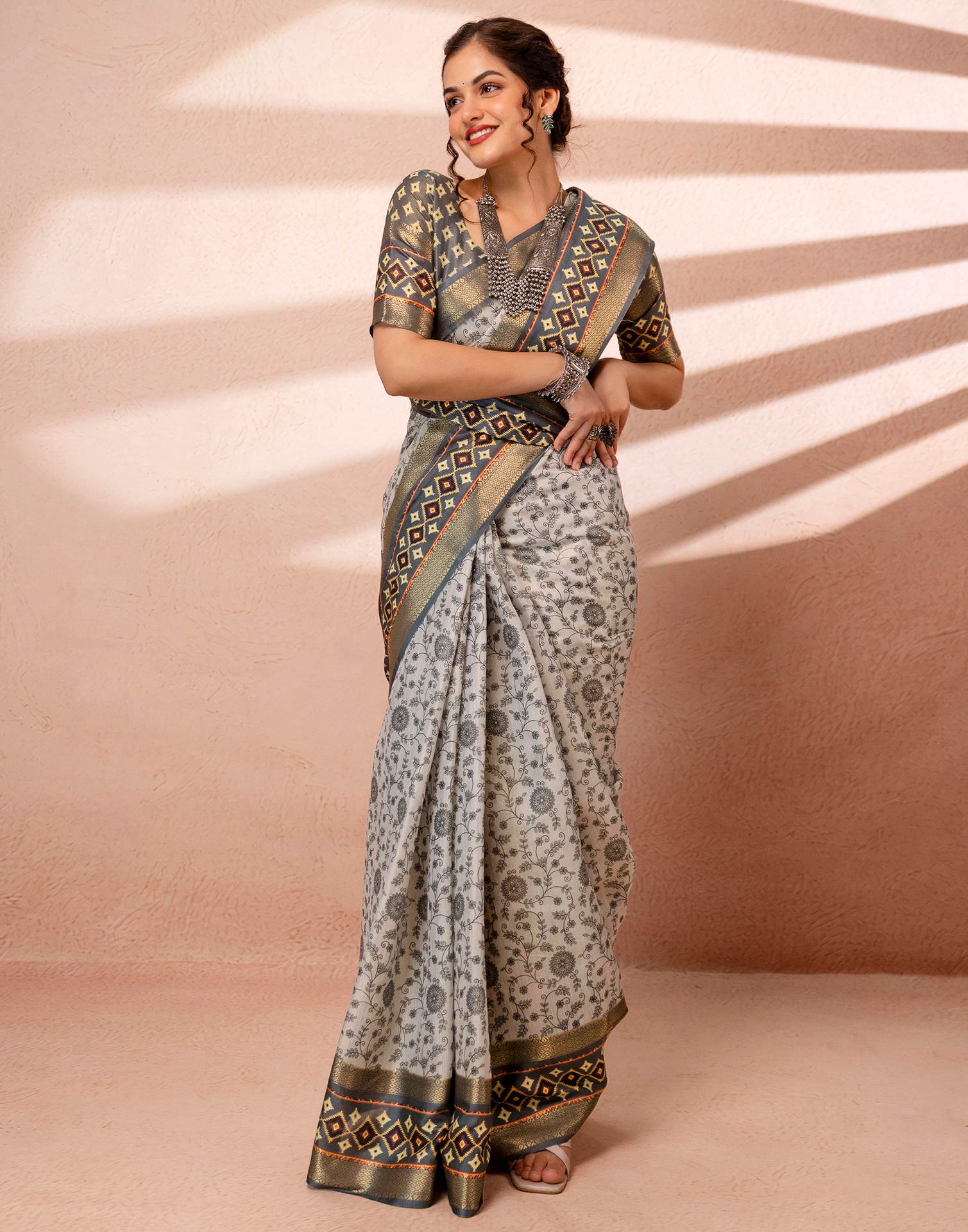 Off White Cotton Silk Printed Woven Border Saree