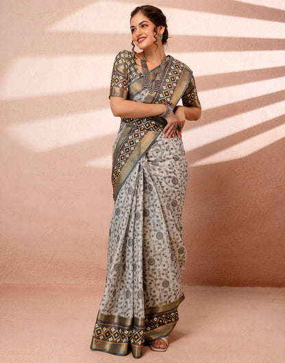 Off White Cotton Silk Printed Woven Border Saree