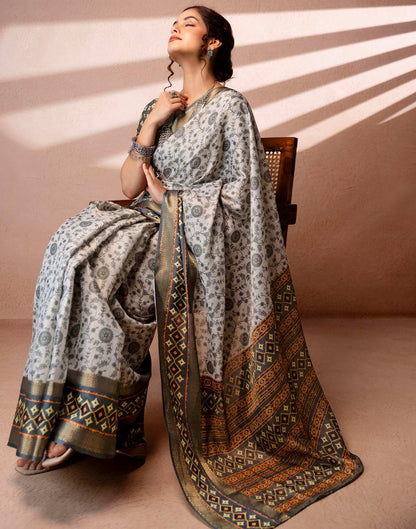 Off White Cotton Silk Printed Woven Border Saree