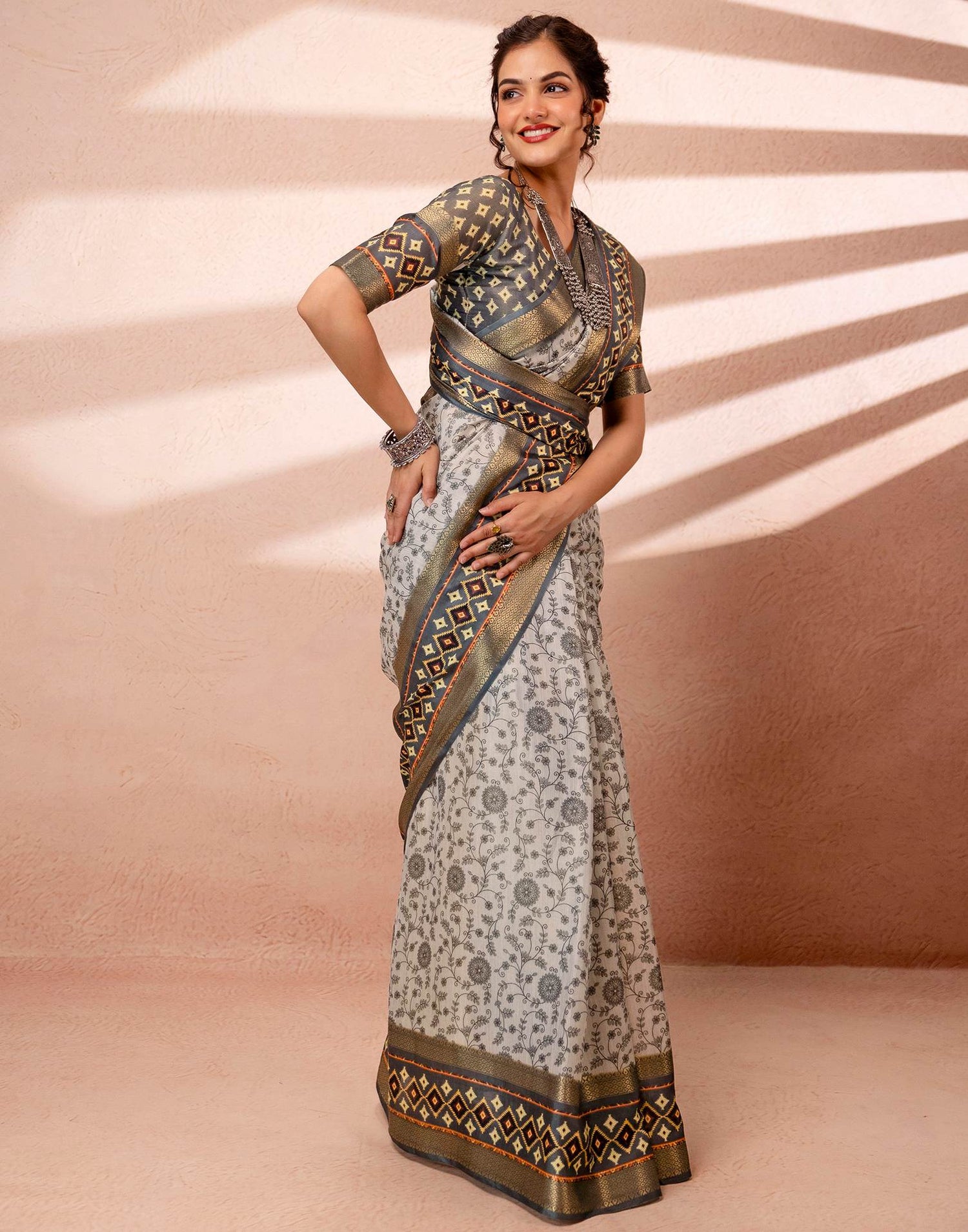 Off White Cotton Silk Printed Woven Border Saree