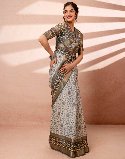 Off White Cotton Silk Printed Woven Border Saree