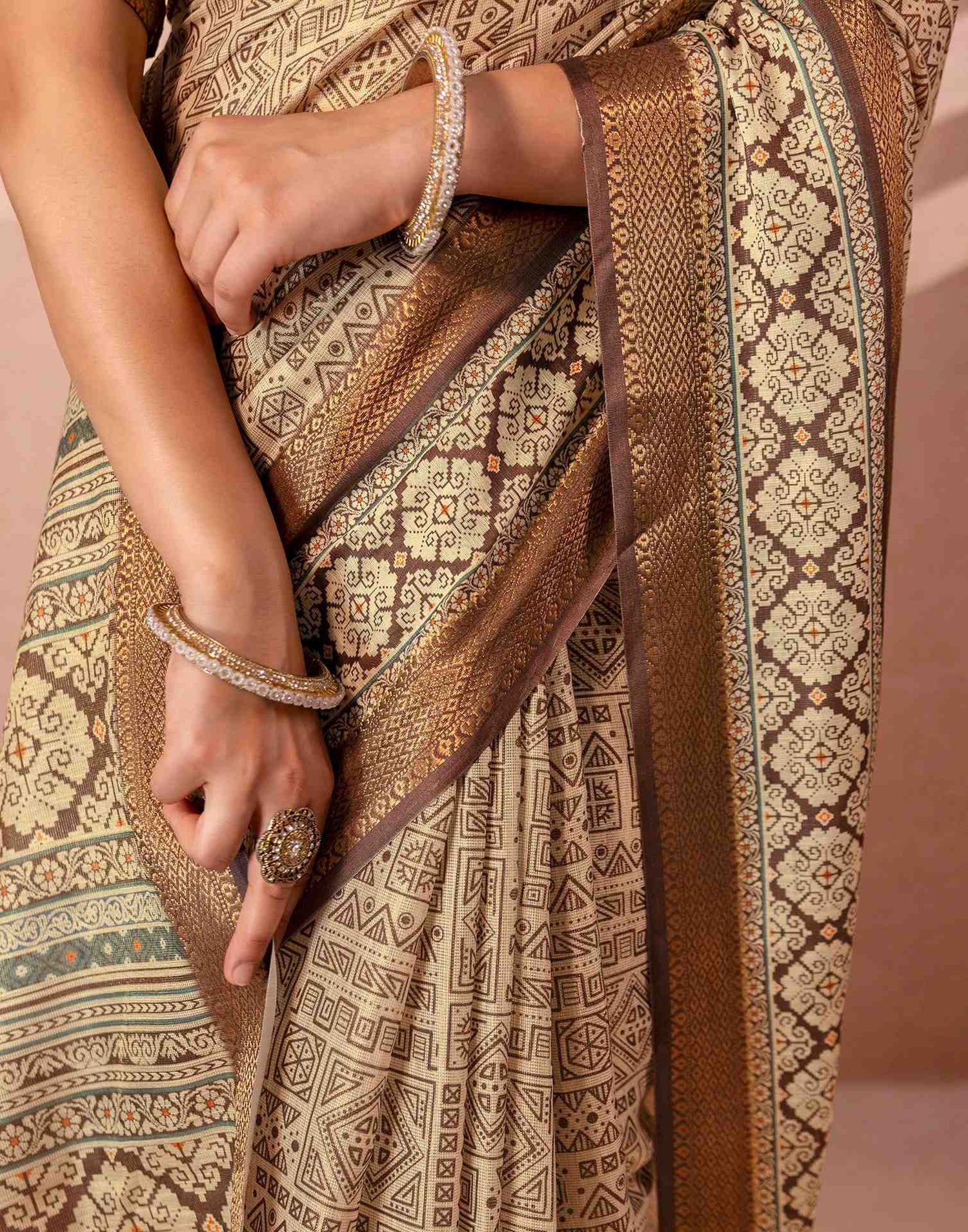 Beige Cotton Silk Printed Woven Border Saree