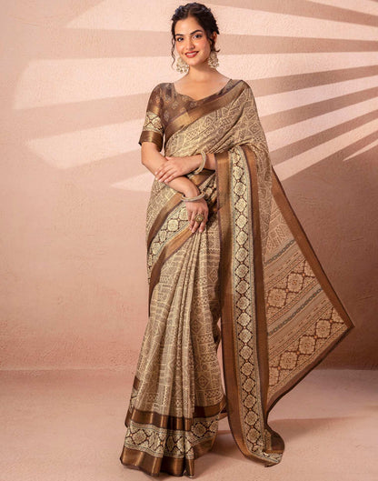Beige Cotton Silk Printed Woven Border Saree