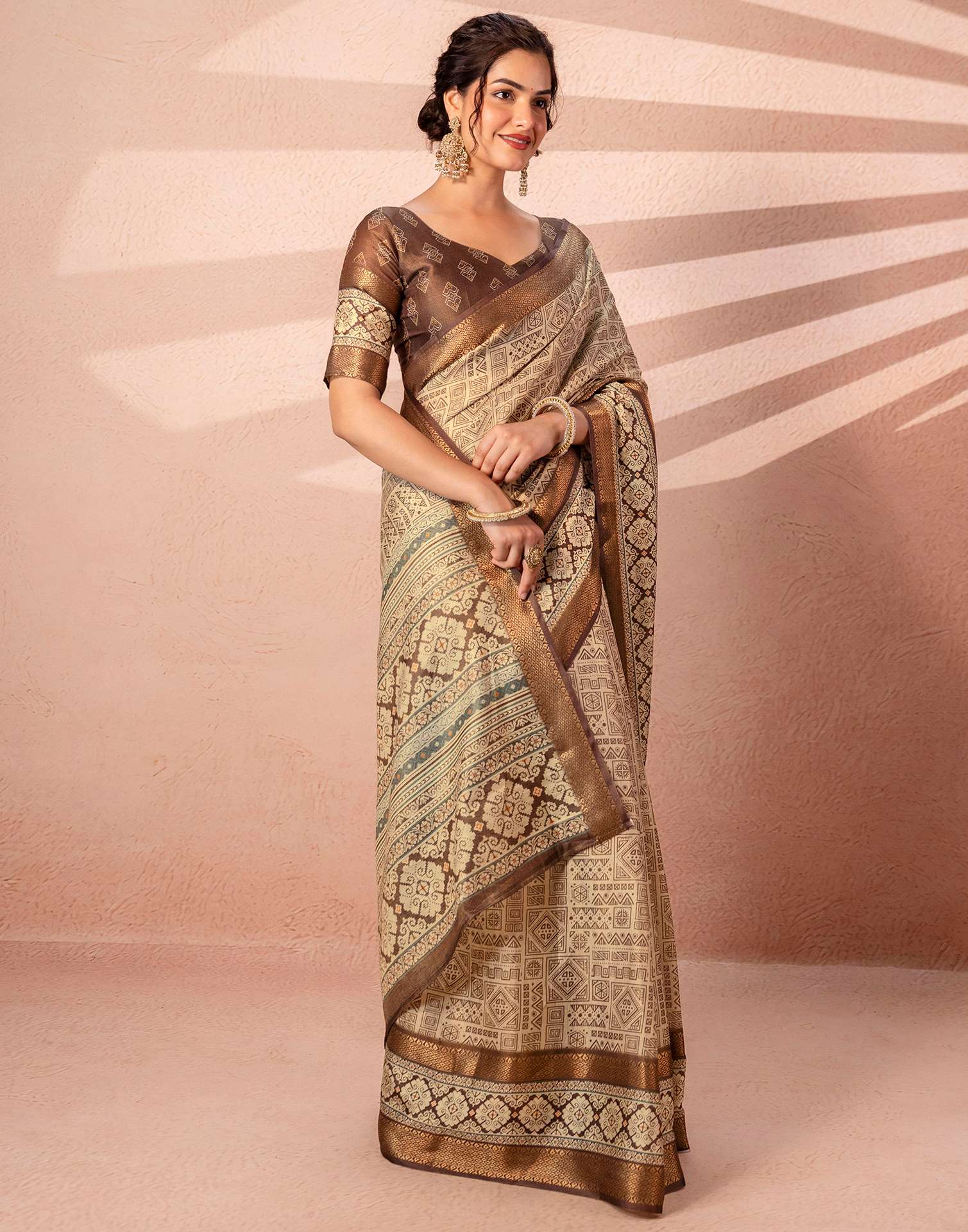 Beige Cotton Silk Printed Woven Border Saree