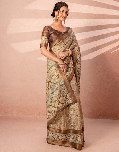 Beige Cotton Silk Printed Woven Border Saree