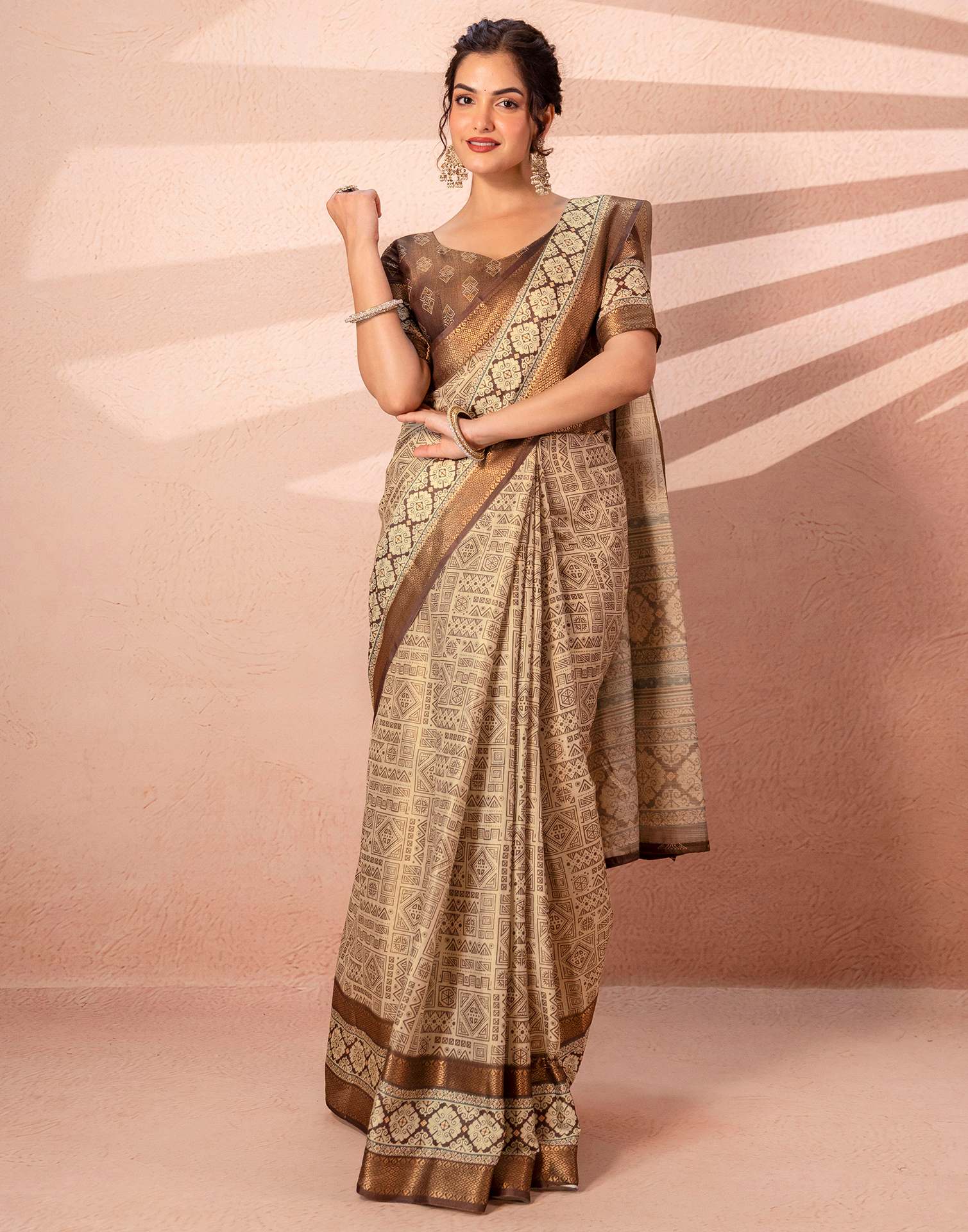 Beige Cotton Silk Printed Woven Border Saree