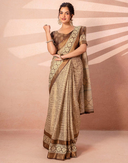 Beige Cotton Silk Printed Woven Border Saree