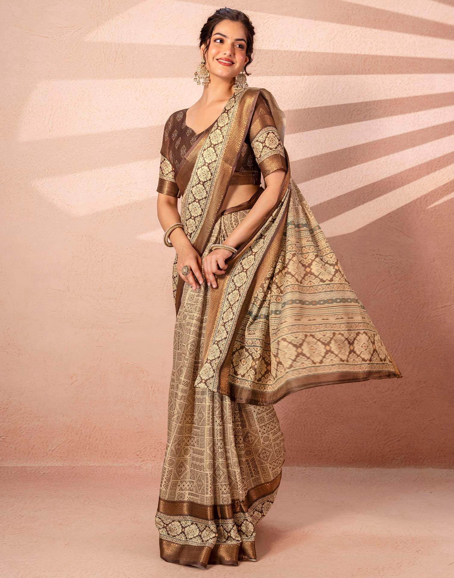 Beige Cotton Silk Printed Woven Border Saree
