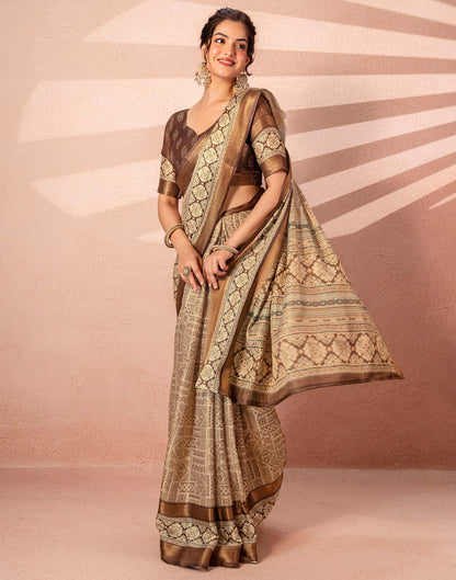 Beige Cotton Silk Printed Woven Border Saree
