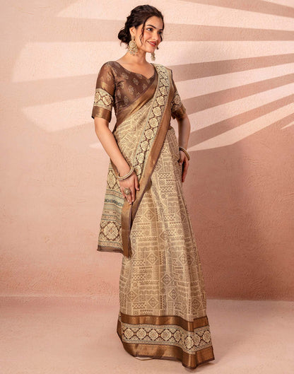 Beige Cotton Silk Printed Woven Border Saree