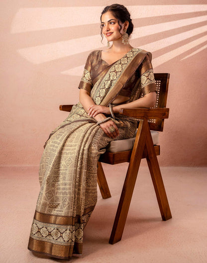 Beige Cotton Silk Printed Woven Border Saree