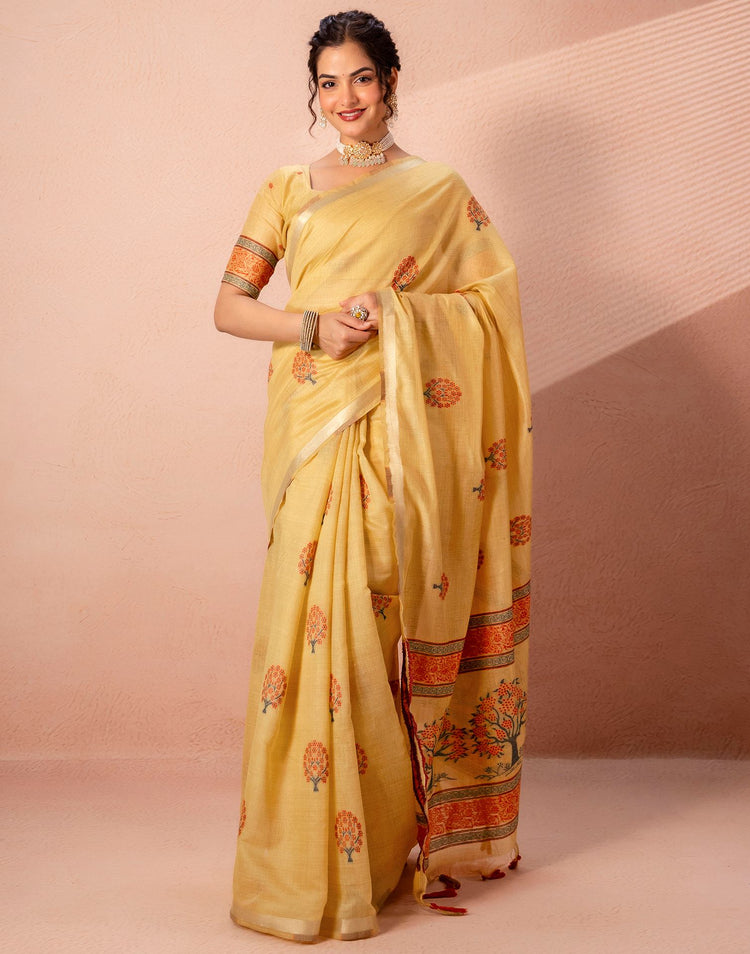 Mustard Yellow Chanderi Cotton Woven Saree