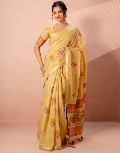 Mustard Yellow Chanderi Cotton Woven Saree