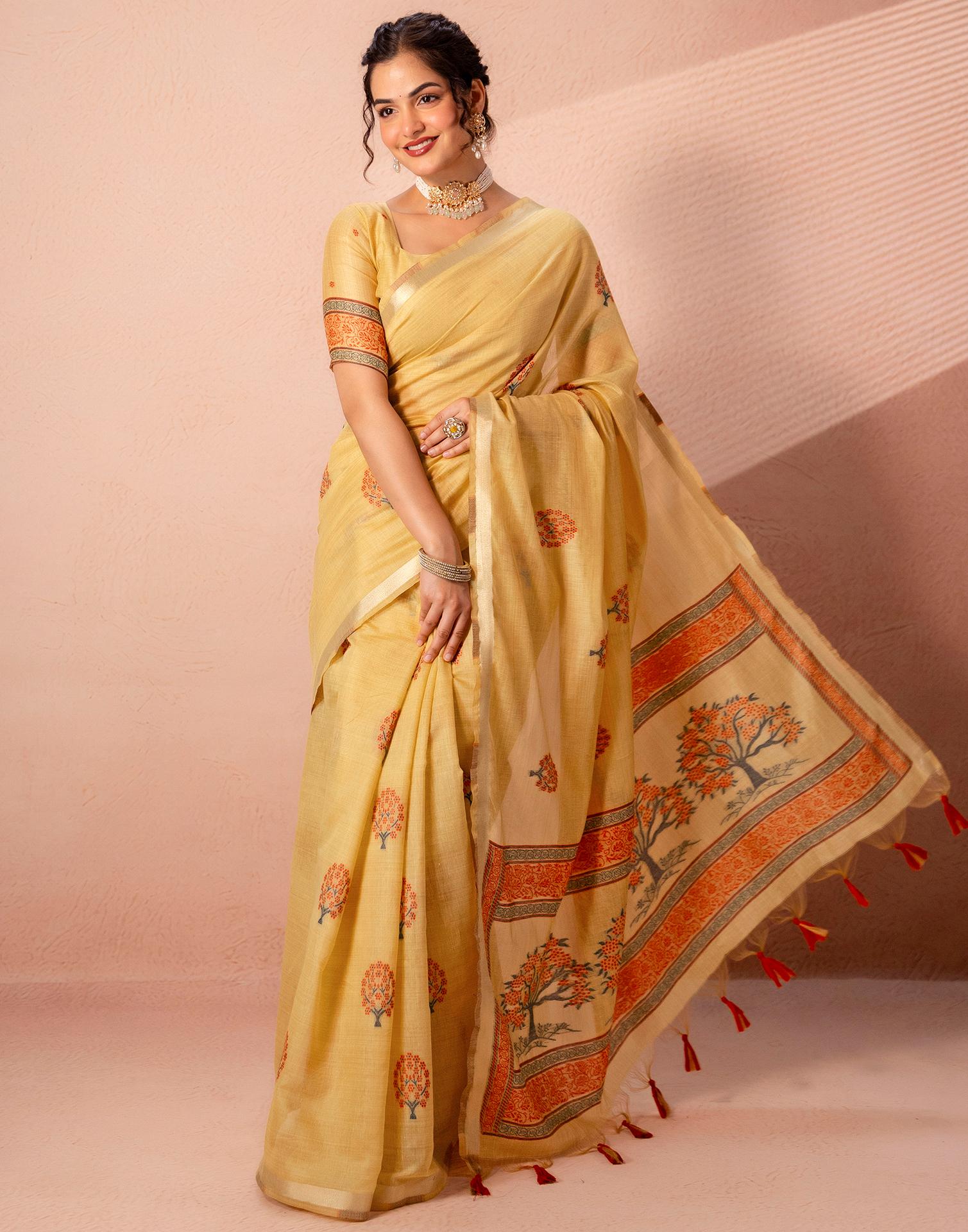 Mustard Yellow Chanderi Cotton Woven Saree