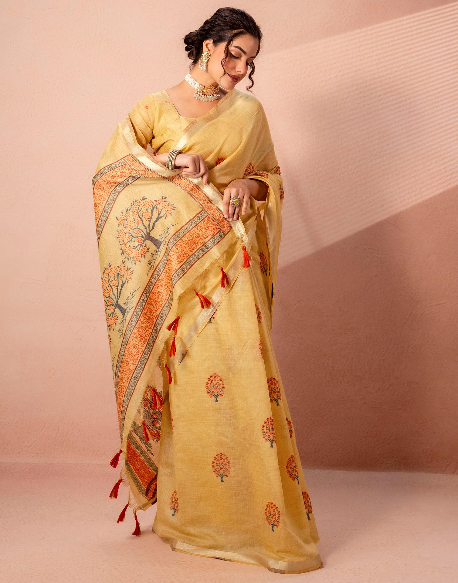 Mustard Yellow Chanderi Cotton Woven Saree