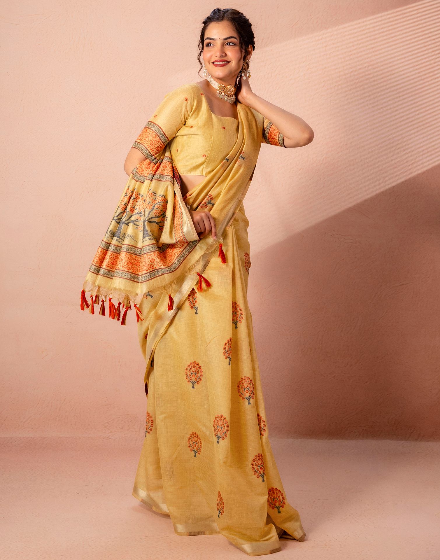 Mustard Yellow Chanderi Cotton Woven Saree