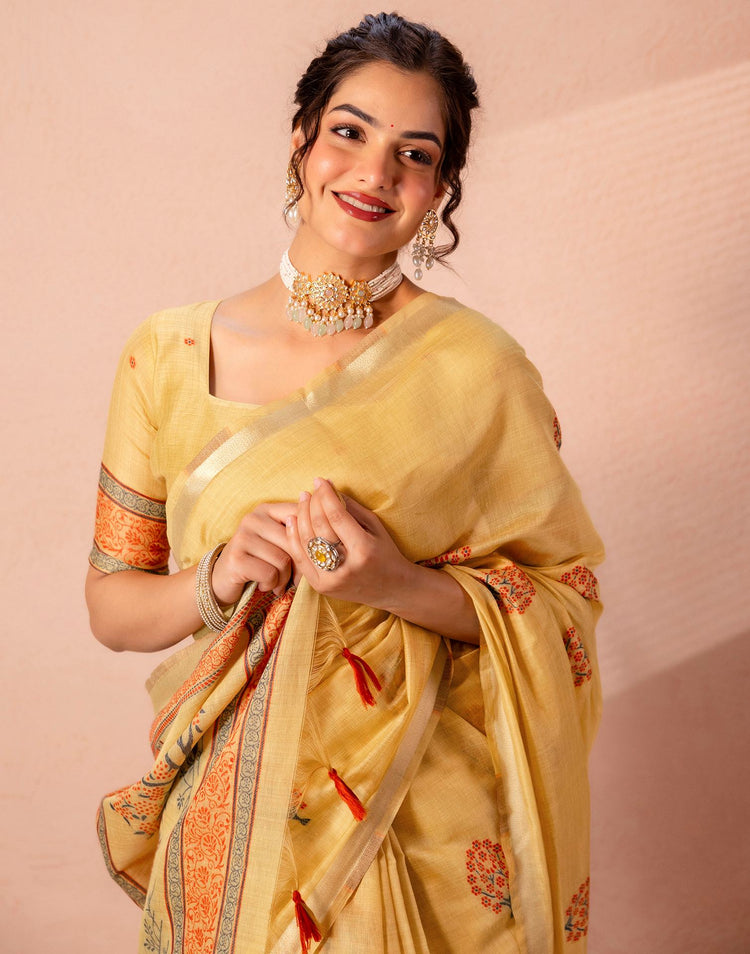 Mustard Yellow Chanderi Cotton Woven Saree