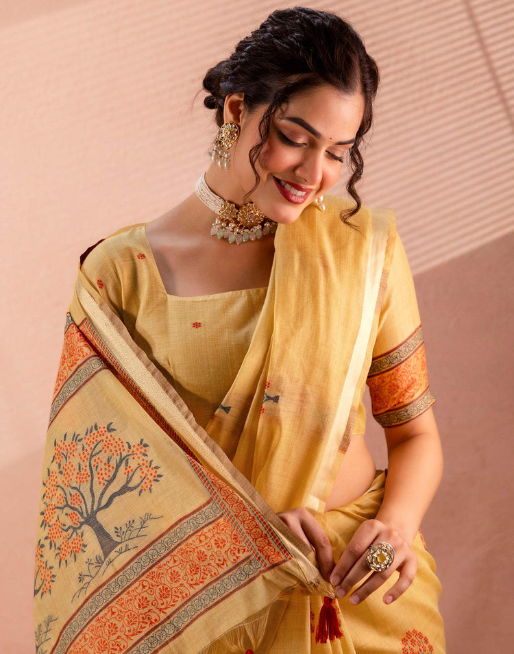 Mustard Yellow Chanderi Cotton Woven Saree