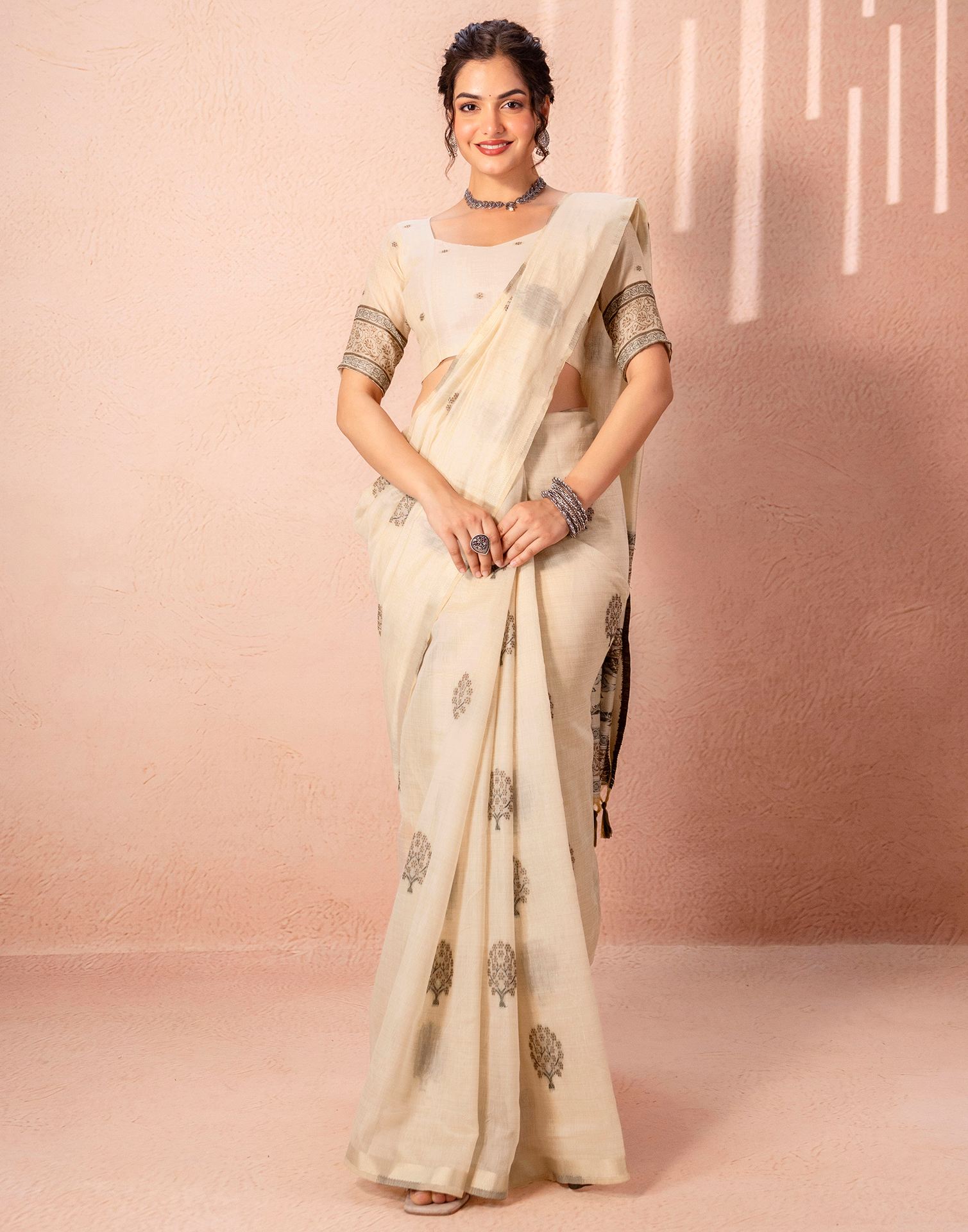 Light Beige Chanderi Cotton Woven Saree