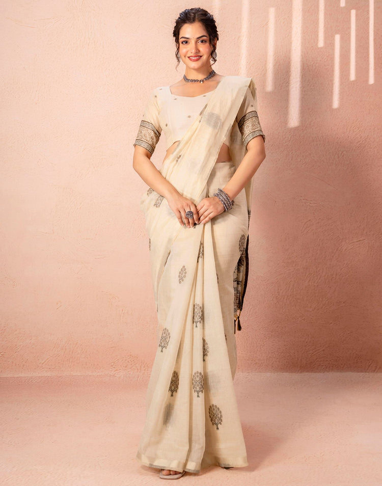 Light Beige Chanderi Cotton Woven Saree