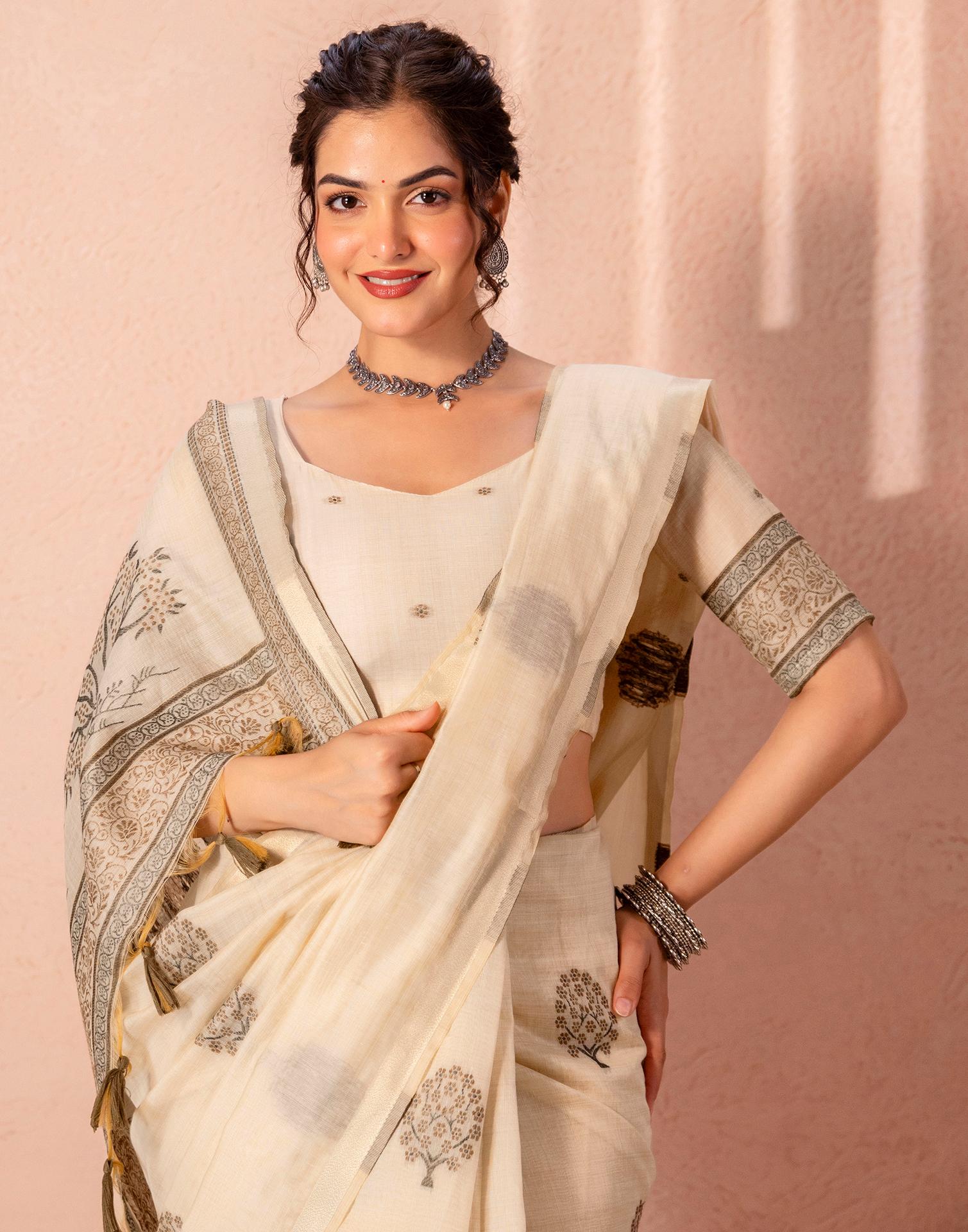 Light Beige Chanderi Cotton Woven Saree