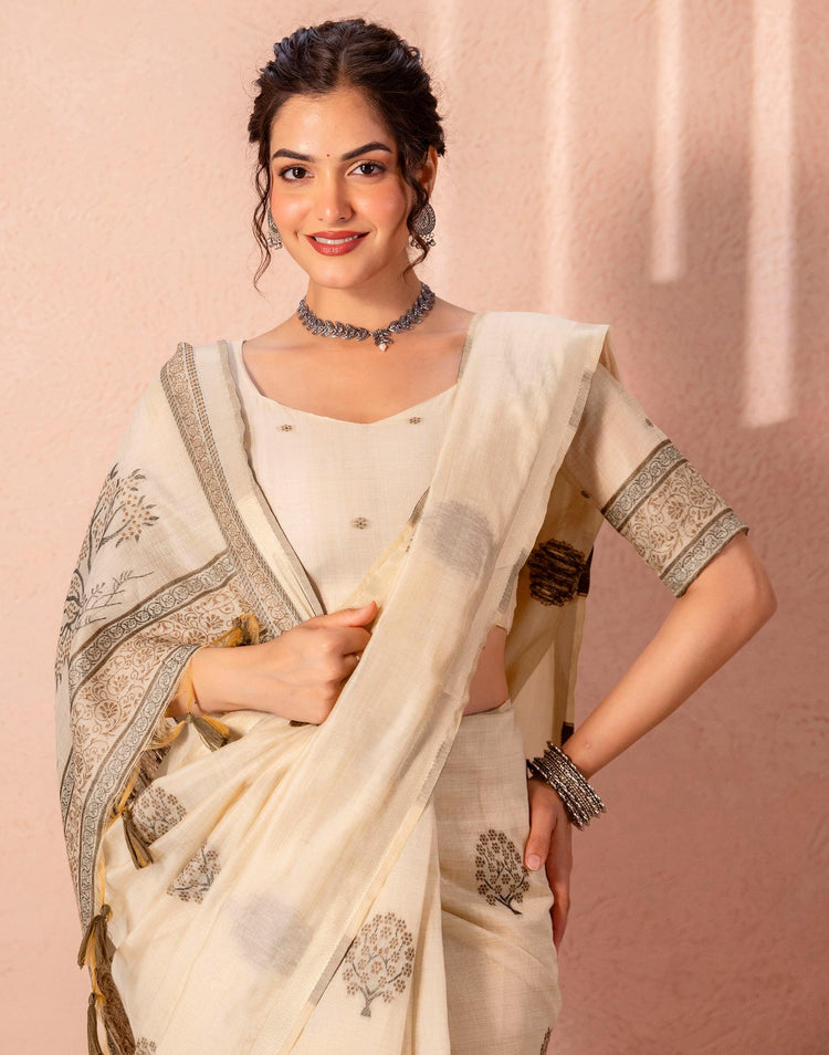 Light Beige Chanderi Cotton Woven Saree