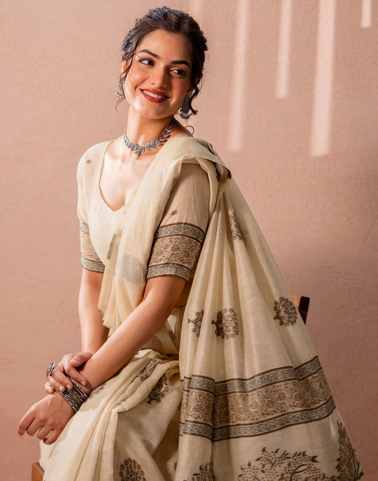 Light Beige Chanderi Cotton Woven Saree