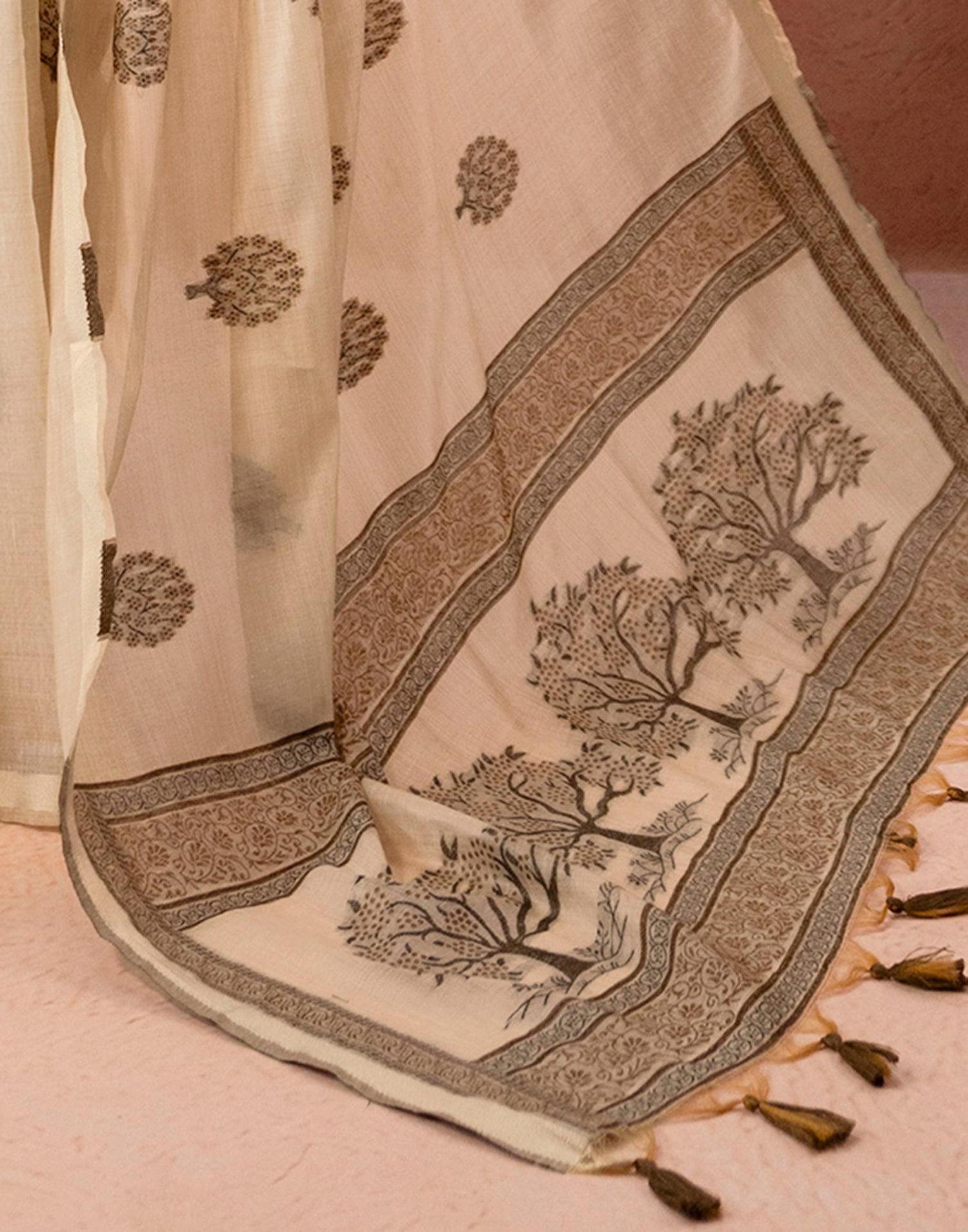 Light Beige Chanderi Cotton Woven Saree