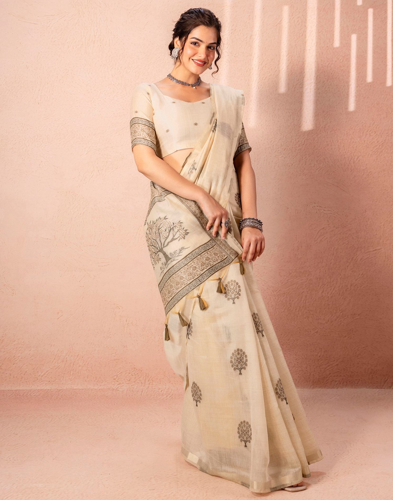 Light Beige Chanderi Cotton Woven Saree