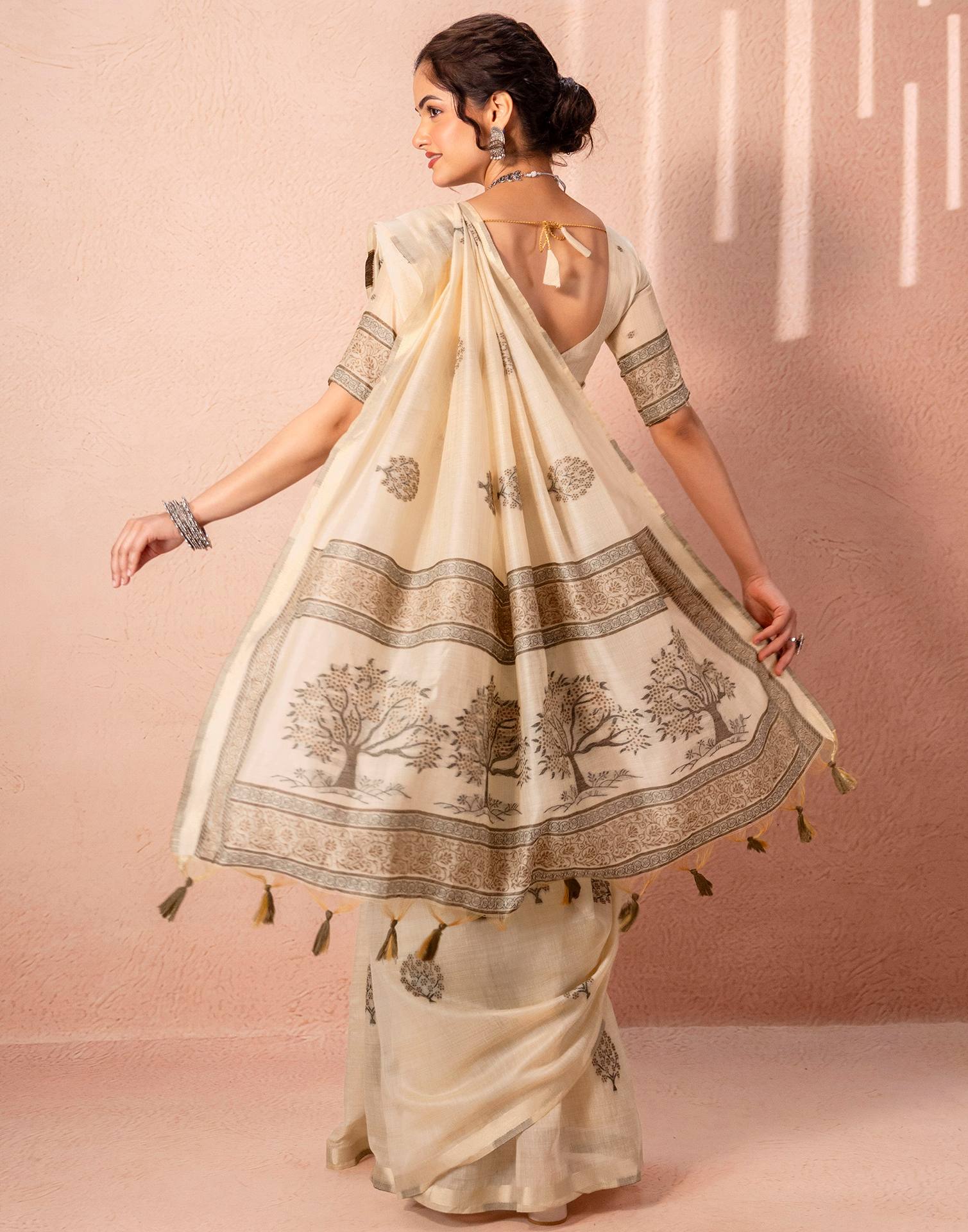 Light Beige Chanderi Cotton Woven Saree
