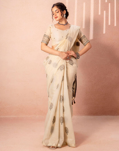 Light Beige Chanderi Cotton Woven Saree