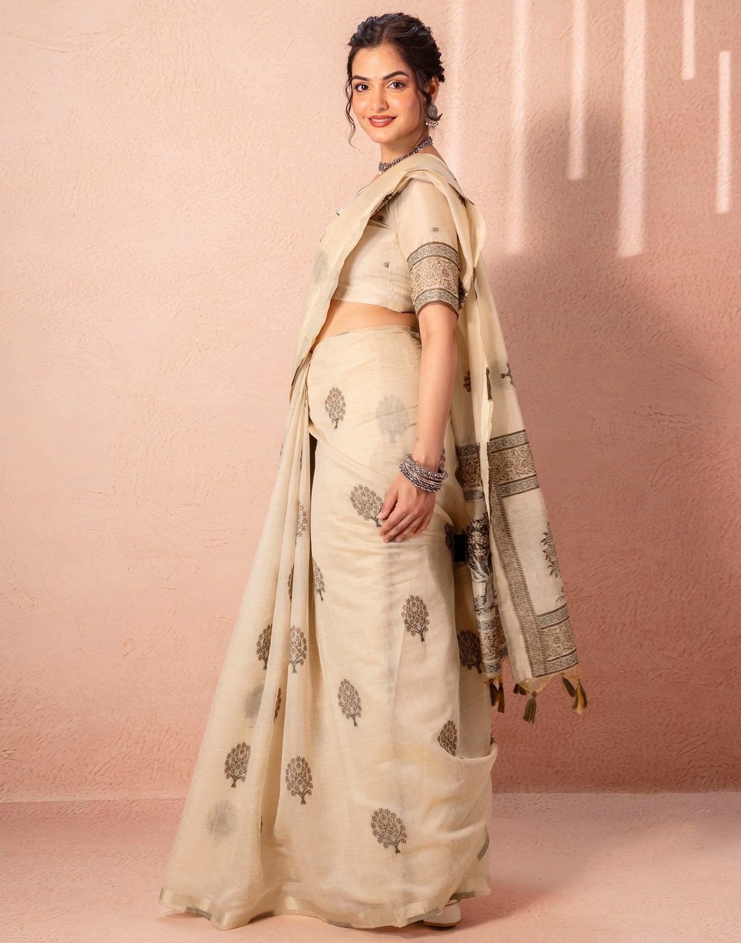 Light Beige Chanderi Cotton Woven Saree