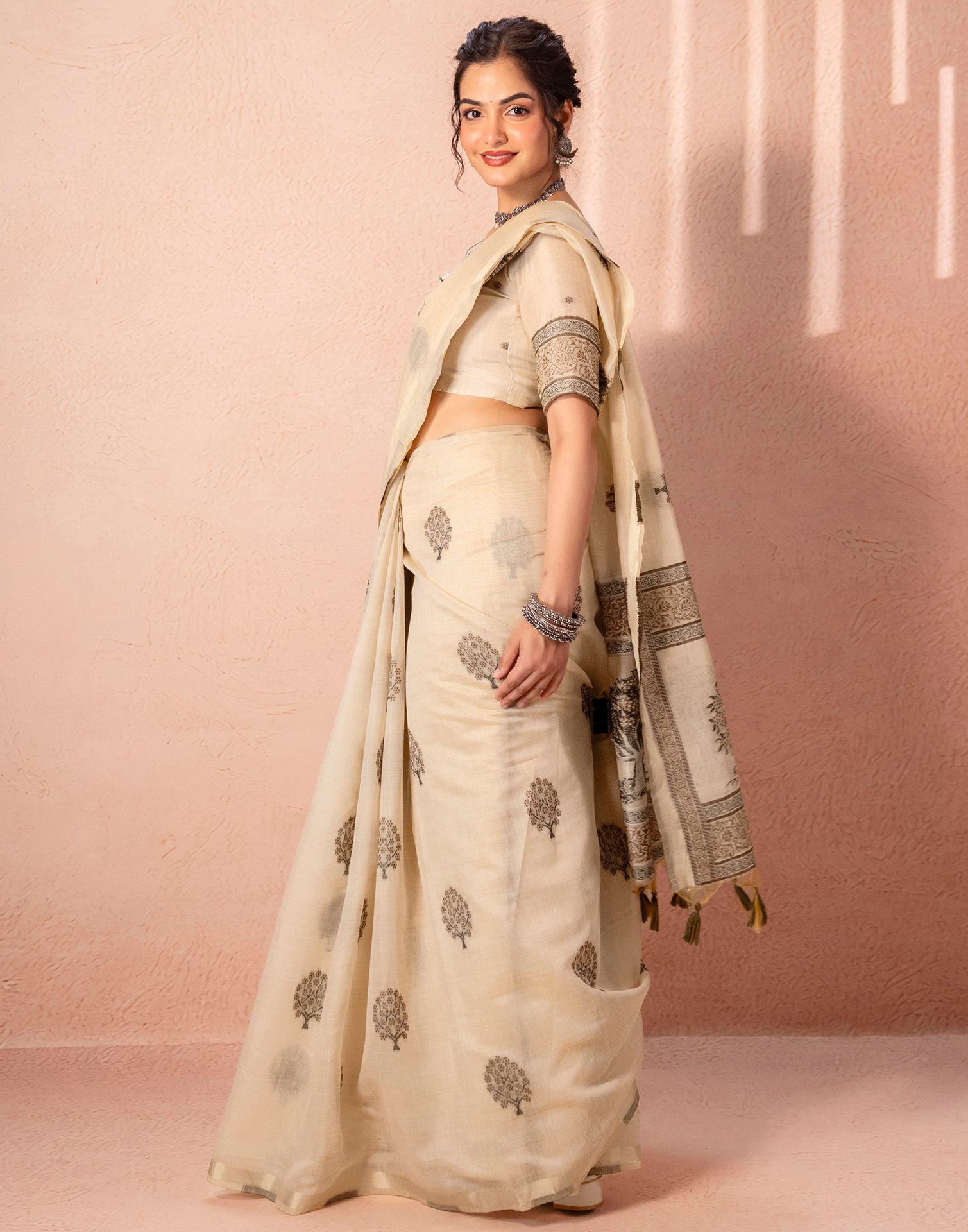 Light Beige Chanderi Cotton Woven Saree