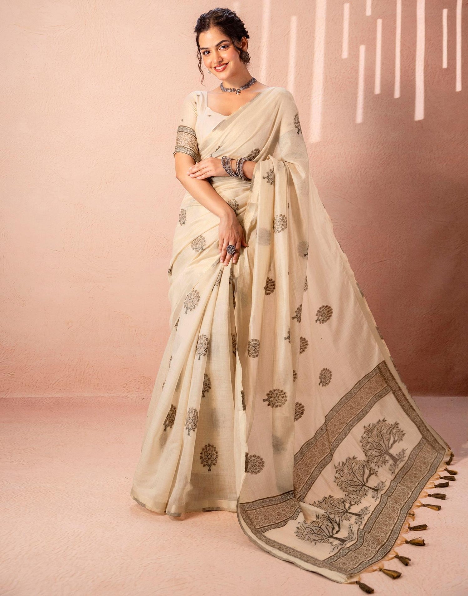 Light Beige Chanderi Cotton Woven Saree