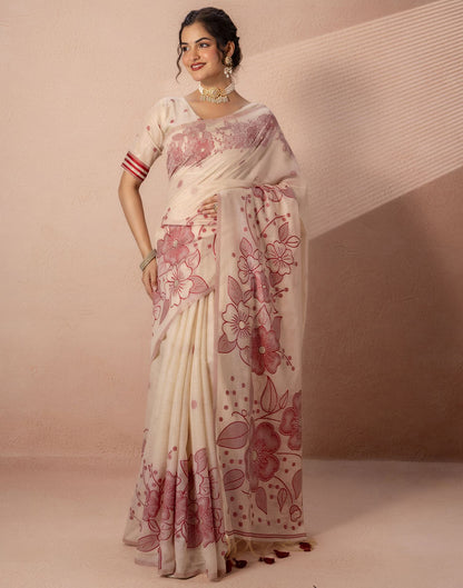 Beige Chanderi Cotton Woven Saree