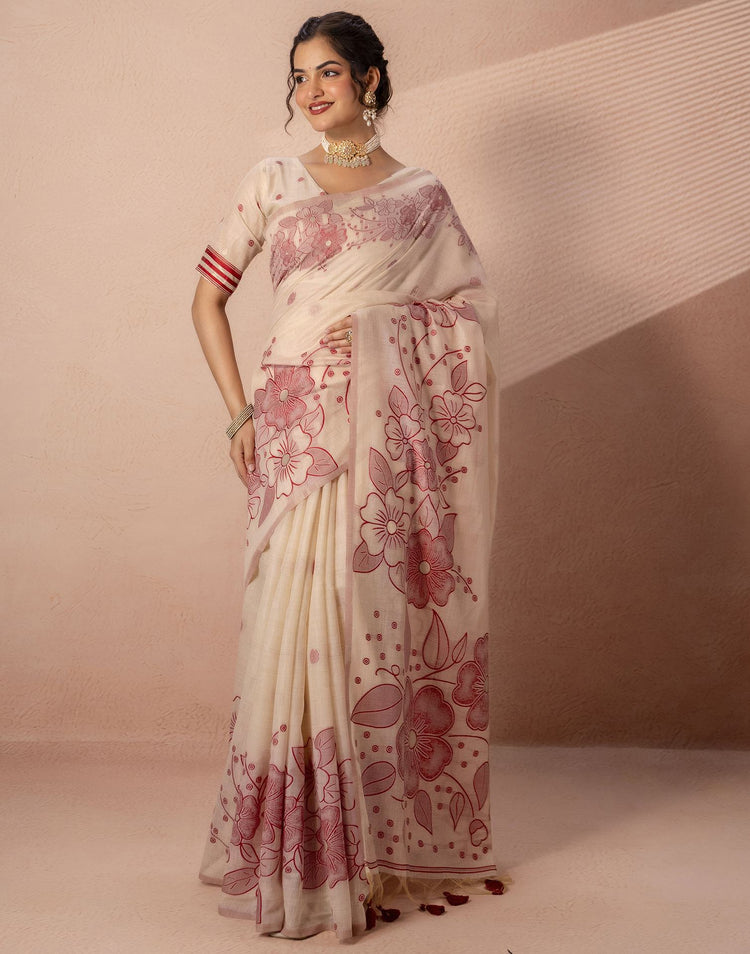 Beige Chanderi Cotton Woven Saree