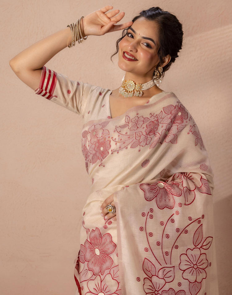 Beige Chanderi Cotton Woven Saree
