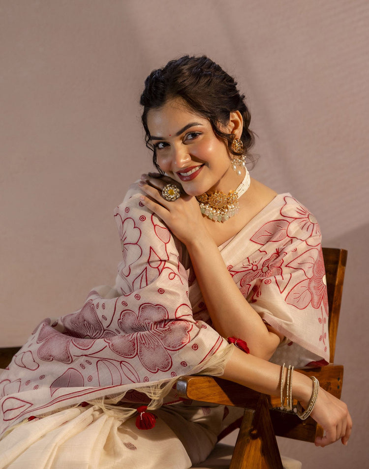 Beige Chanderi Cotton Woven Saree