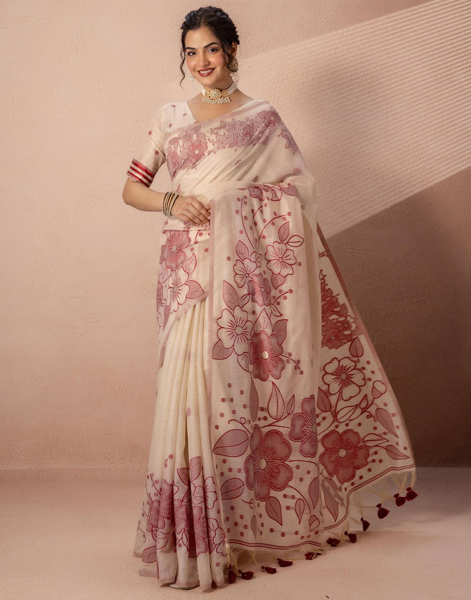 Beige Chanderi Cotton Woven Saree