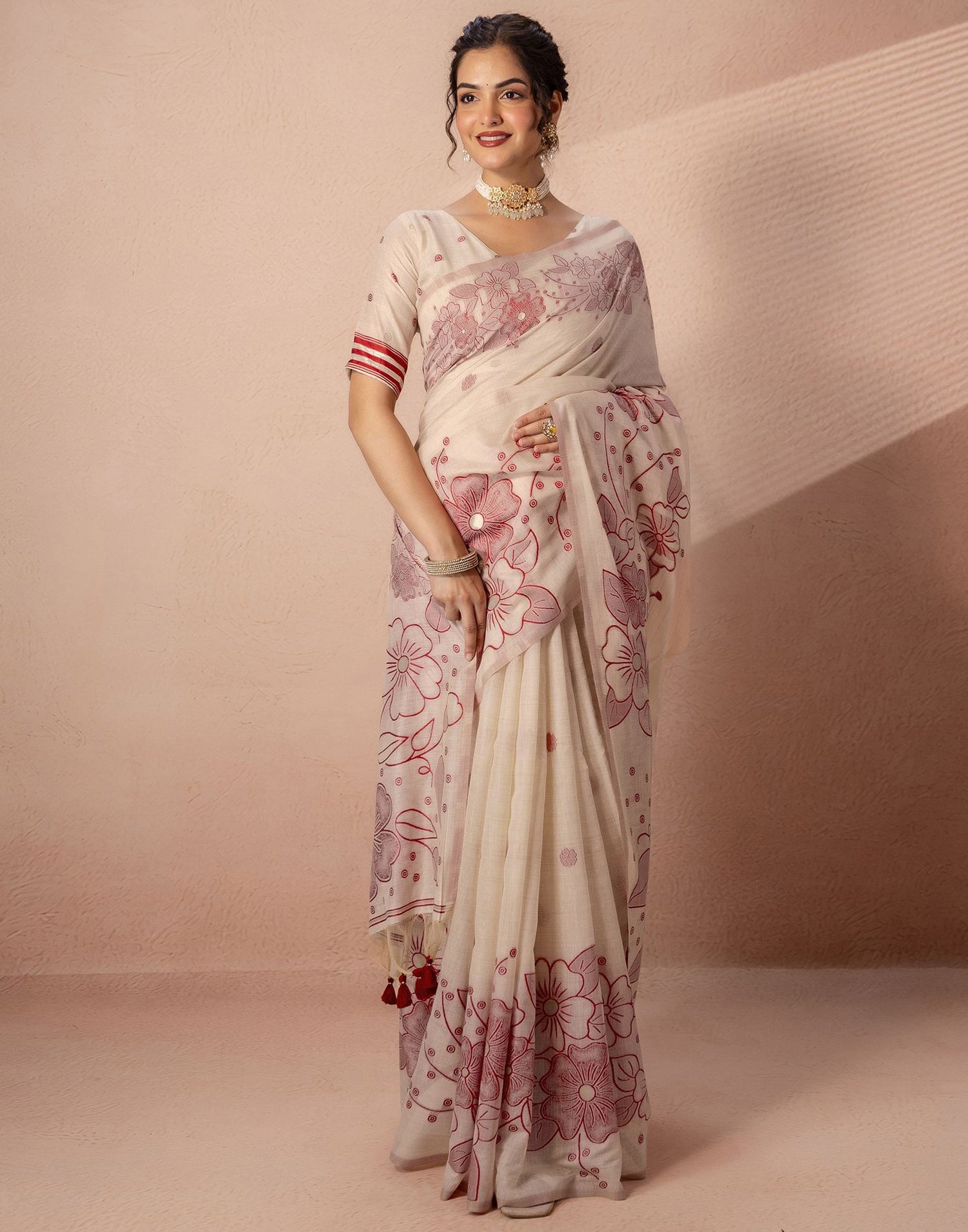 Beige Chanderi Cotton Woven Saree