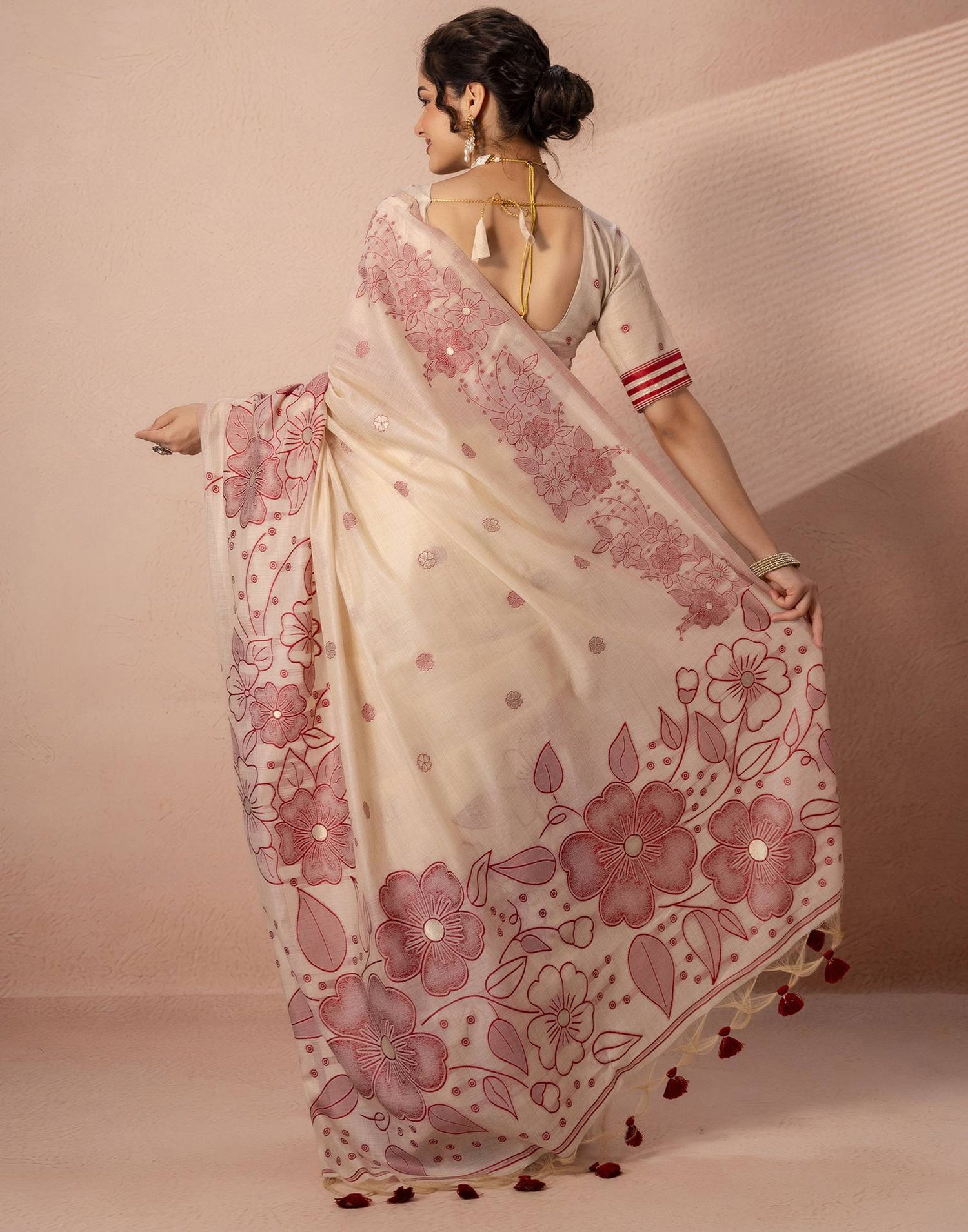 Beige Chanderi Cotton Woven Saree