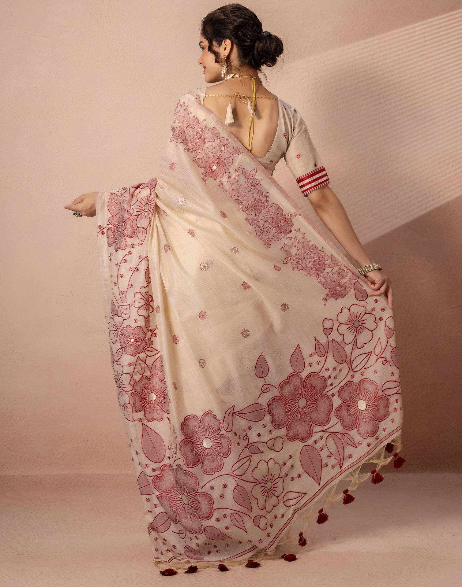 Beige Chanderi Cotton Woven Saree