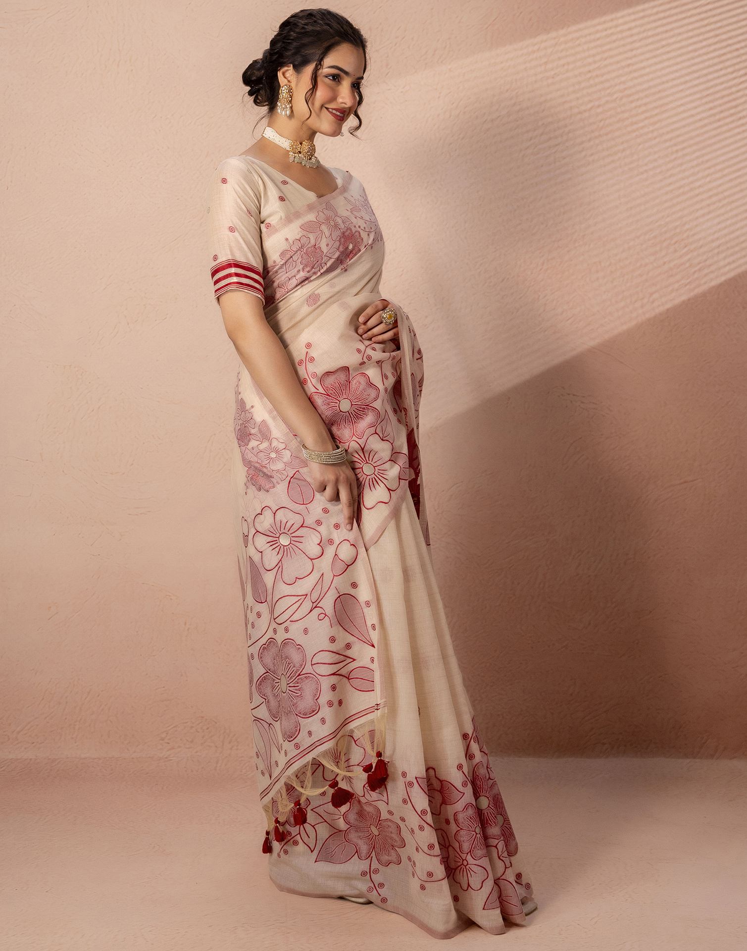 Beige Chanderi Cotton Woven Saree