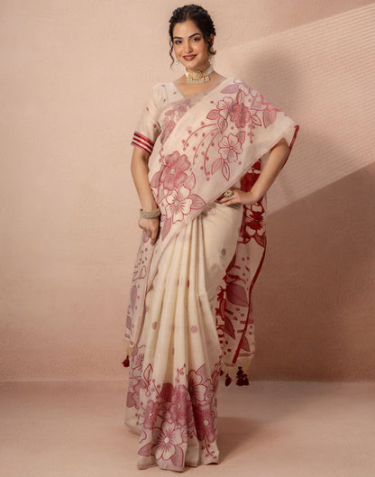 Beige Chanderi Cotton Woven Saree