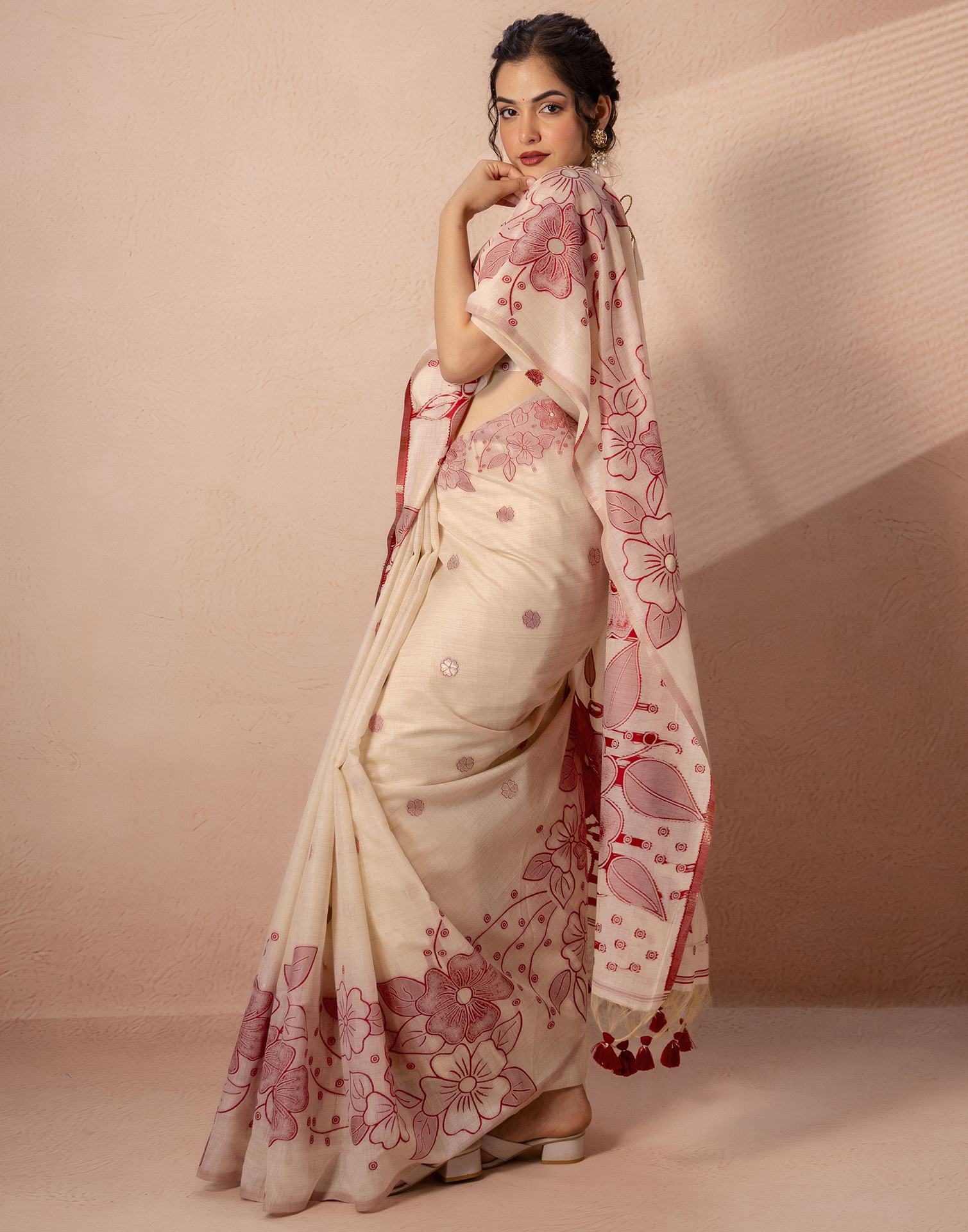 Beige Chanderi Cotton Woven Saree