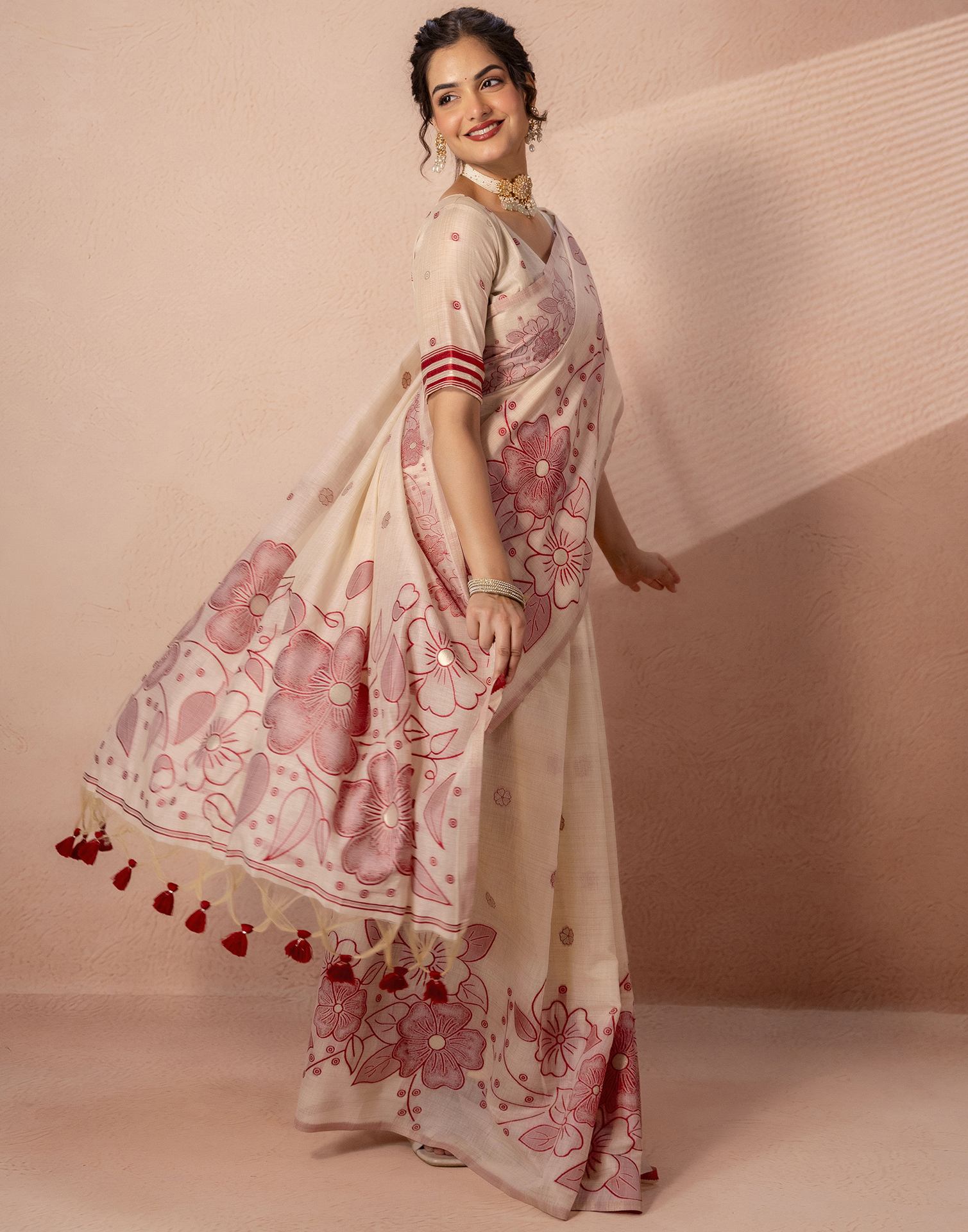 Beige Chanderi Cotton Woven Saree