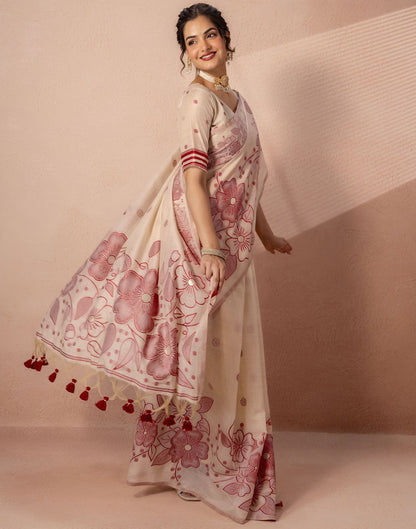 Beige Chanderi Cotton Woven Saree
