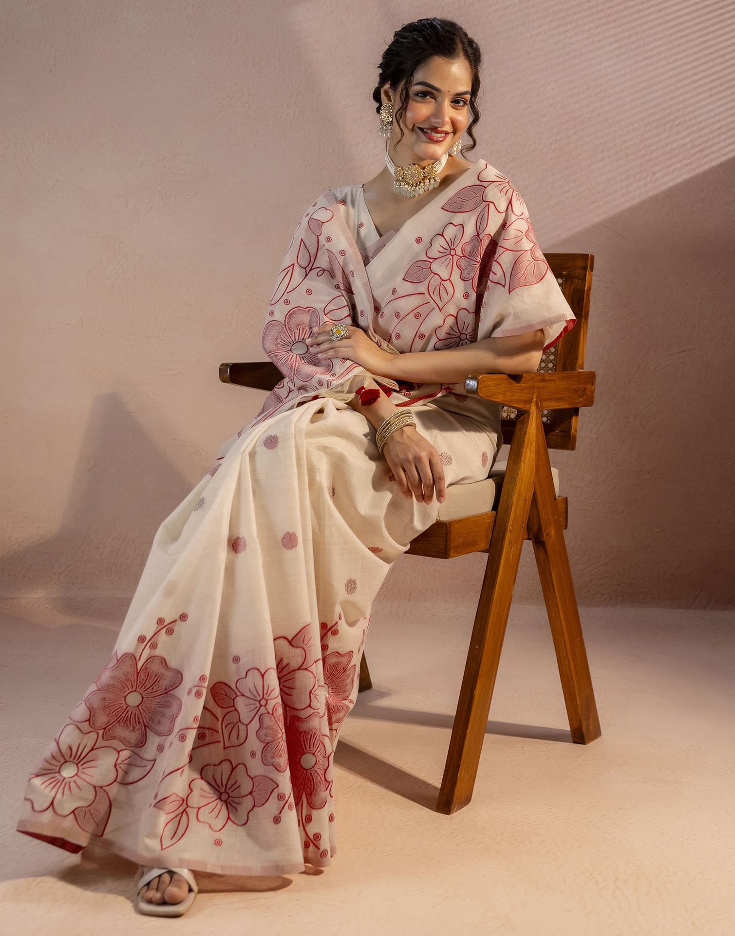 Beige Chanderi Cotton Woven Saree